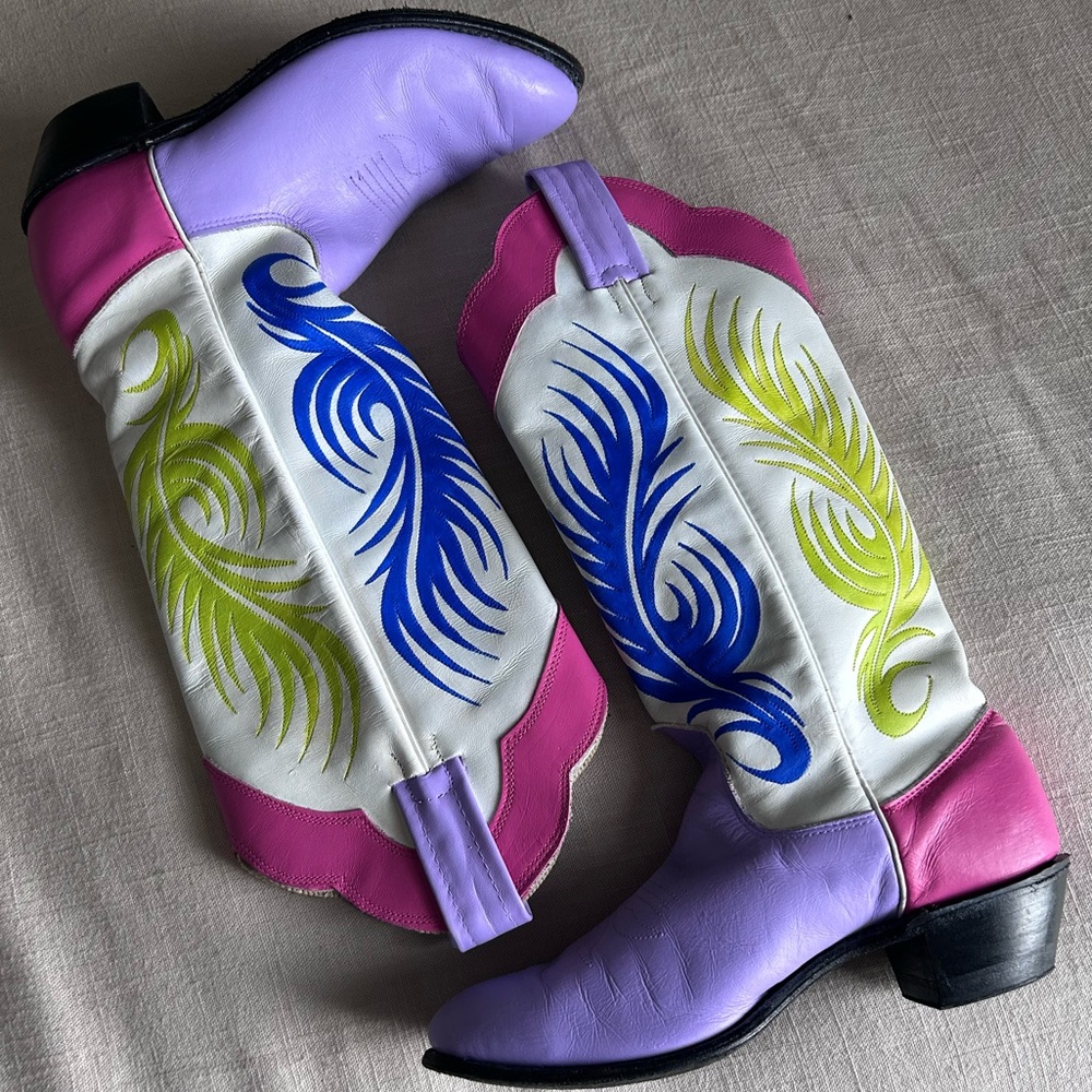Evenin Star White Cowboy Boots Handpainted Maximalist Colorful Colorblock